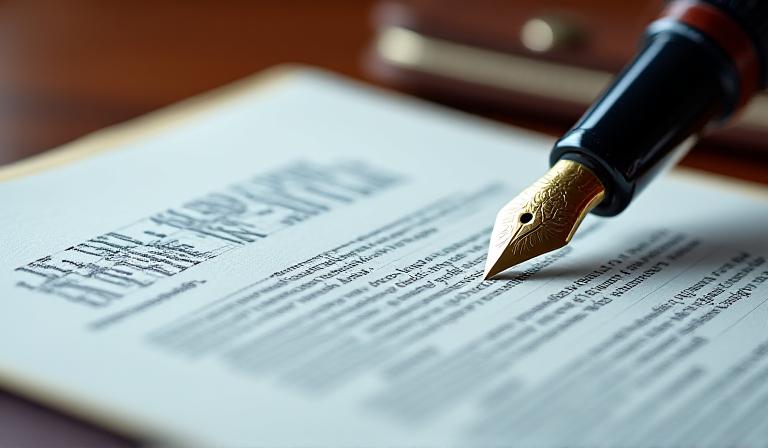 Close-up of a legal professional reviewing a lease contract with a fountain pen