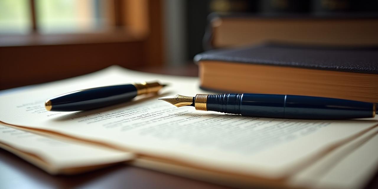 A vintage fountain pen resting on a stack of modern manuscripts and leather-bound legal codices